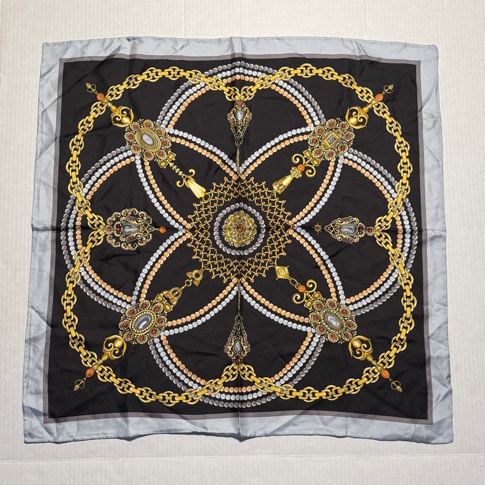 J. McLaughlin 100% Silk Scarf Black Gold Decorative Elegant Chain Jewel Print